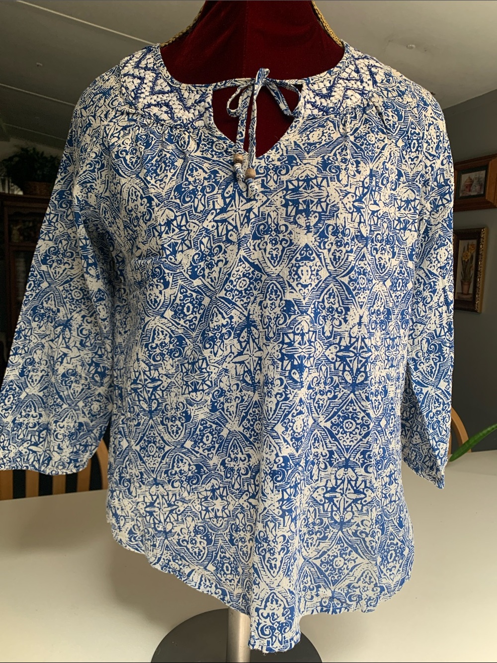 Lucky Brand Blue & White Printed Peasant Blouse